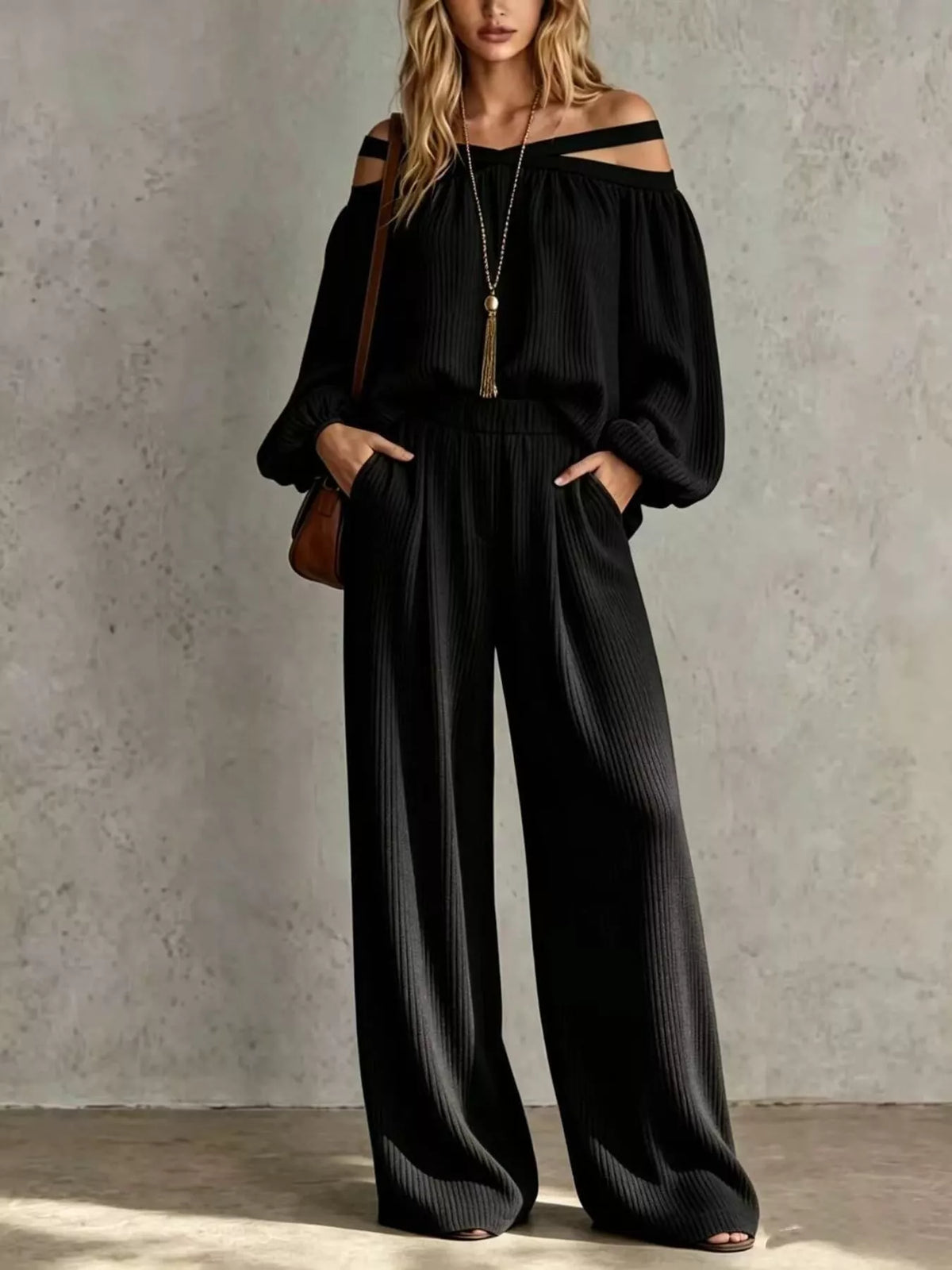 Off-Shoulder Crisscross Top & Wide-Leg Pants Set by Belle Bijouix – view 7 of 12