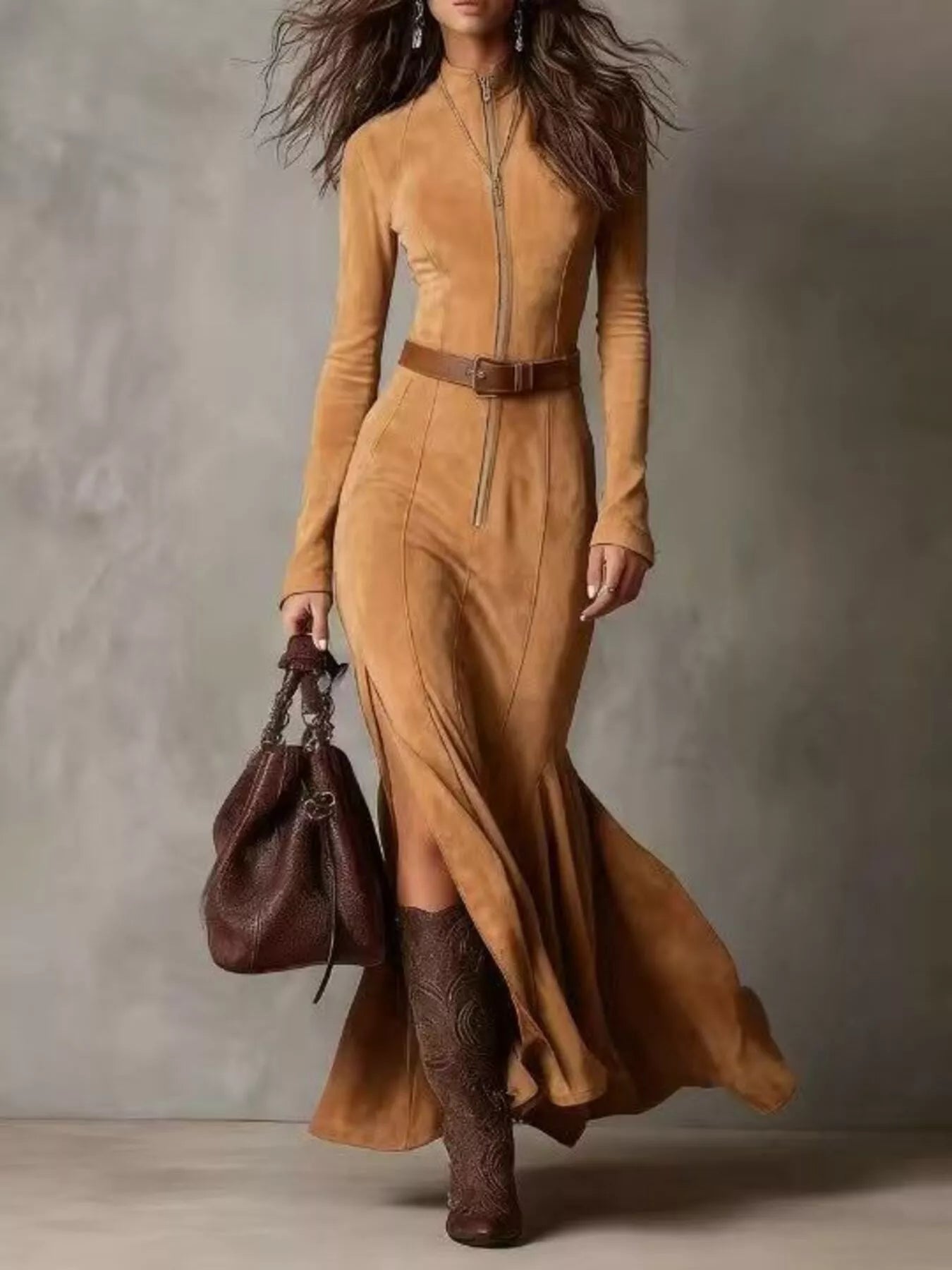 Trendsi full-size belted zip-front long-sleeve dress with slit in camel suede (plus size)