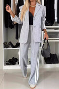 Full Size Contrast Lapel Collar Top and Pants Set, gray two-piece active wear with pocketed blazer top and stripes.