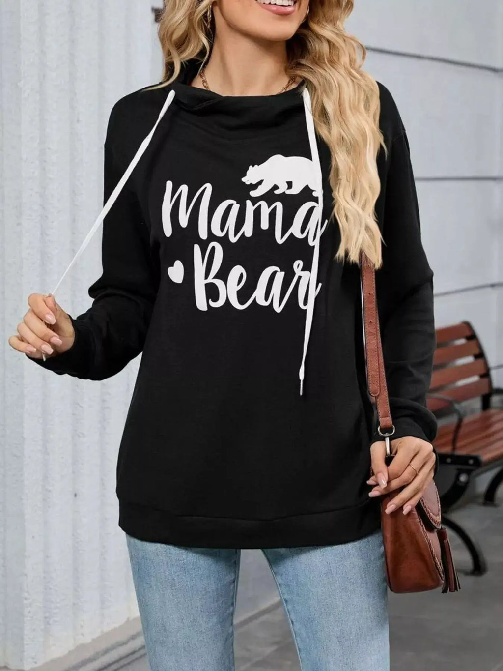 Letter Drawstring Long Sleeve Hoodie in black with white drawstrings and Mama Bear graphic