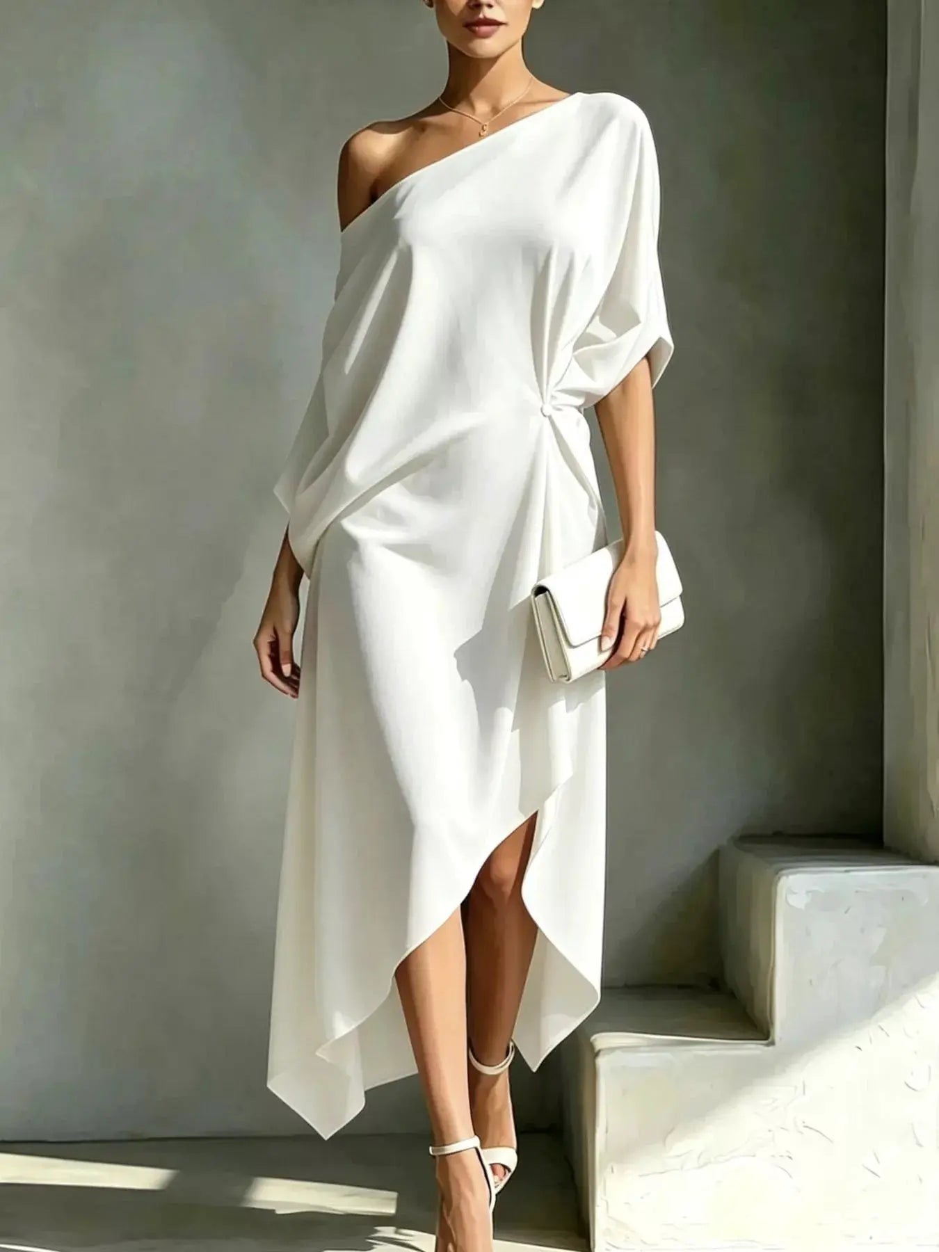 Plus Size Asymmetrical One-Shoulder Drape Dress in white with side knot and high-low hem