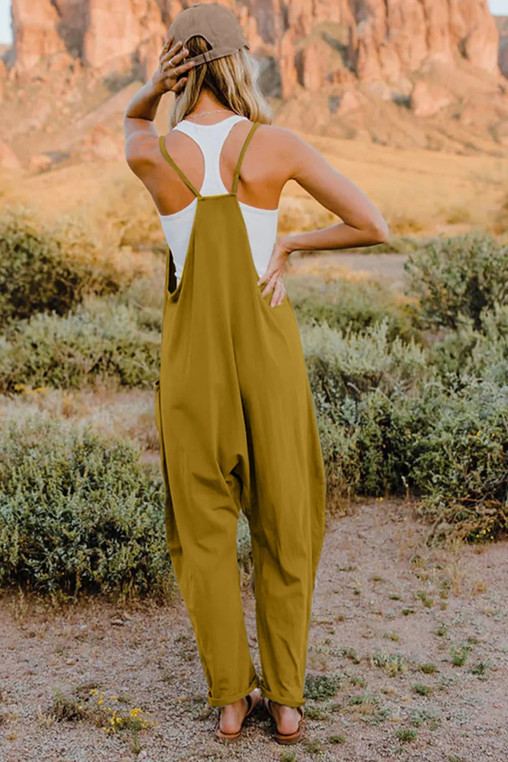 Double Take full-size V-neck sleeveless jumpsuit with pockets by Belle Bijouix in olive