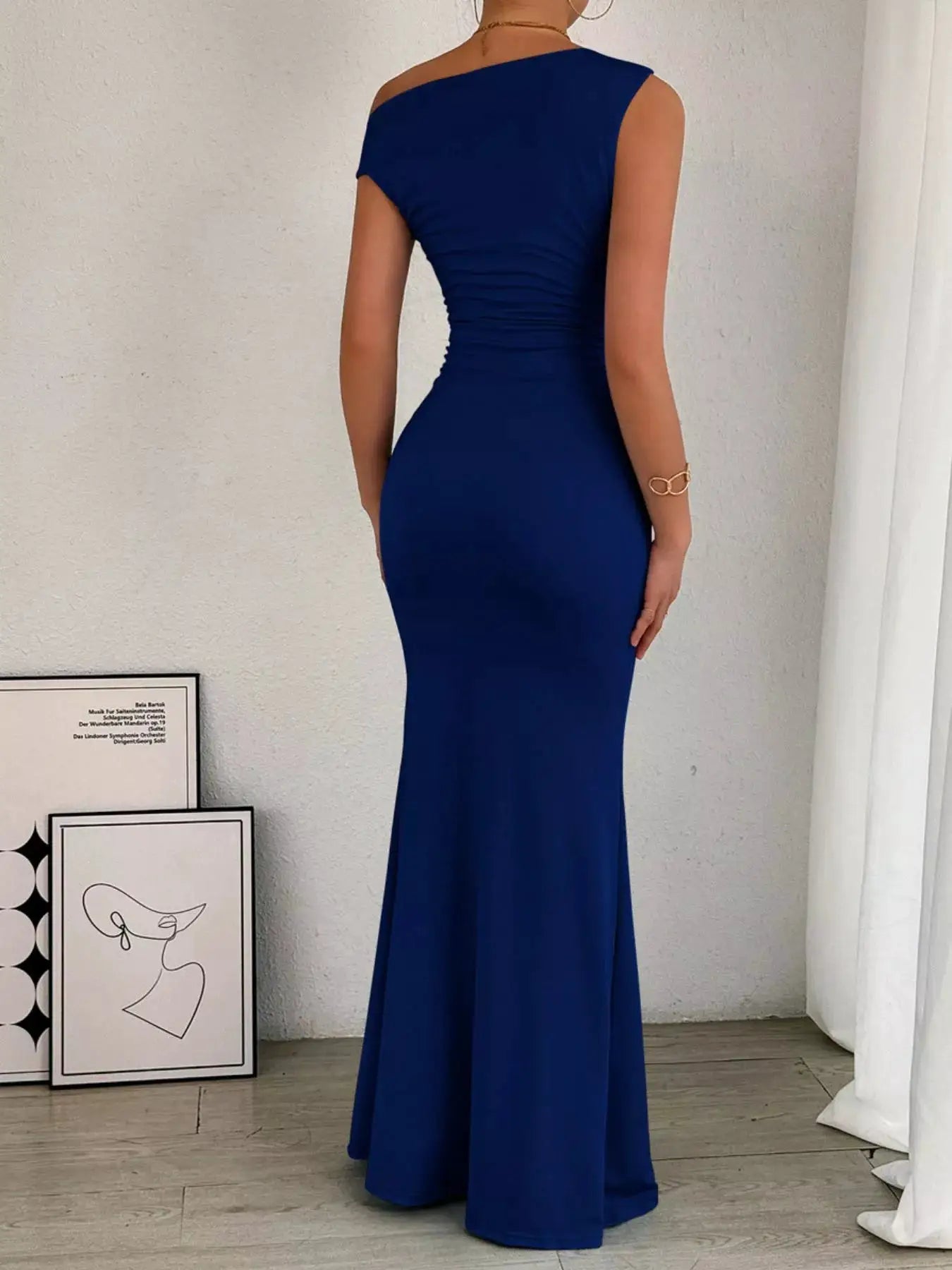 One-Shoulder Ruched Bodycon Maxi Dress in blue by Belle Bijouix