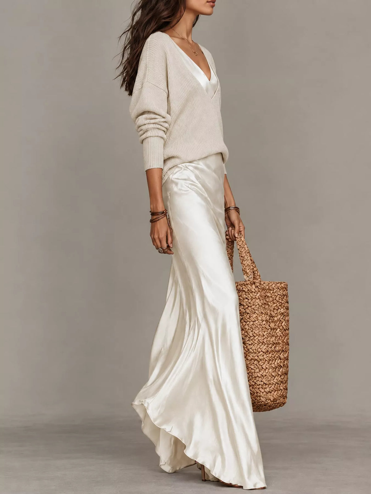 V-Neck Sweater & Satin Slip Maxi Dress Set in Apricot by Belle Bijouix – view 10 of 41