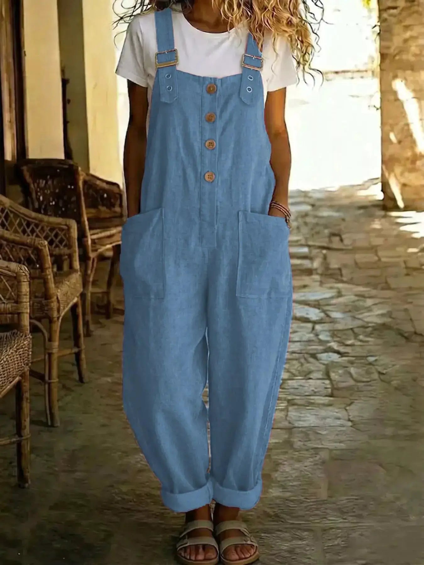 Casual Button Front Wide Leg Overalls in light blue denim with front pockets and buckled straps, a one-piece outfit.