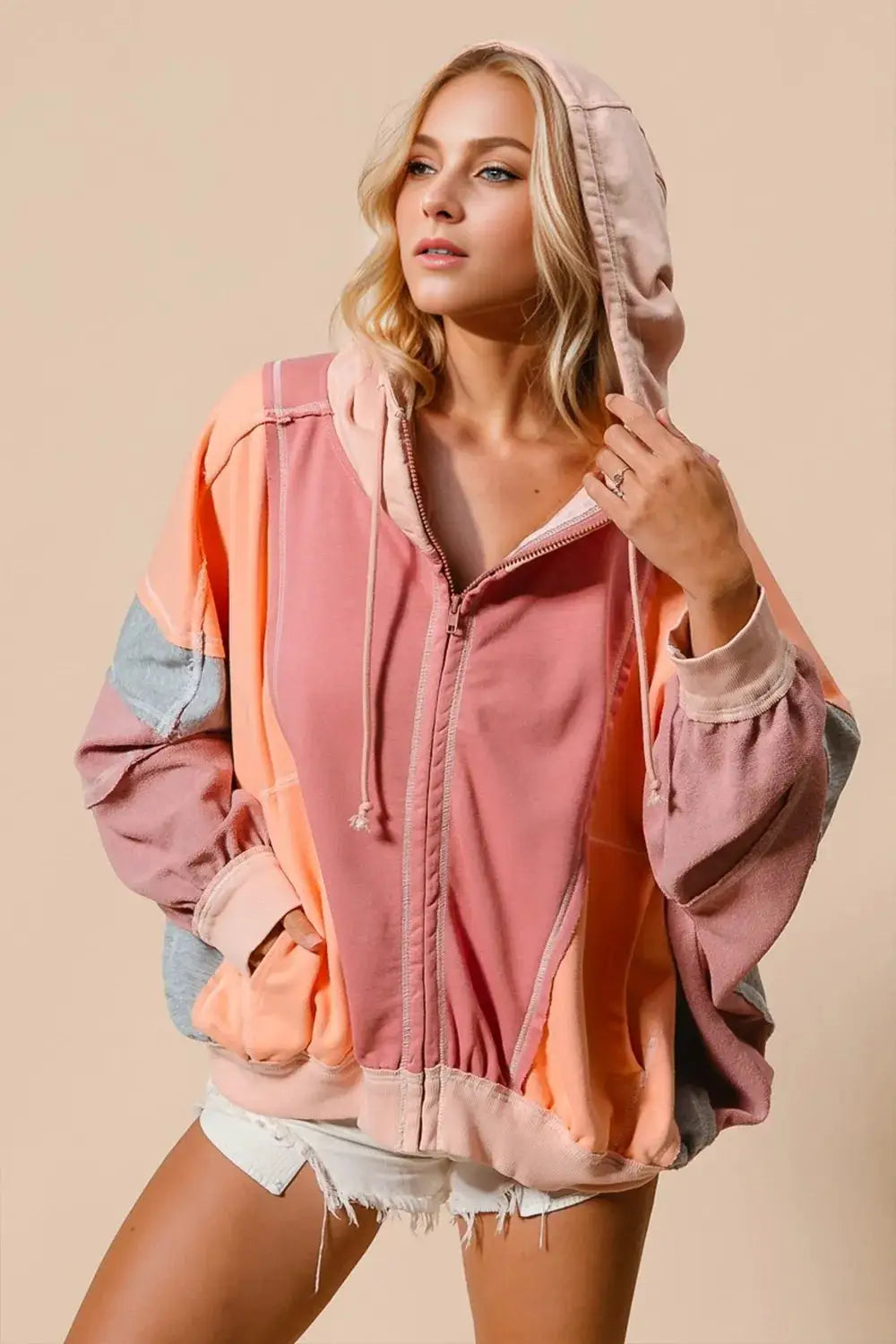 Double Take Full Size Color Block Zip Up Hoodie by Belle Bijouix, pink peach pastel with exposed zipper and pockets