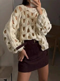 Chunky Cable Knit Hollow Out Sweater, cream open-knit with cutouts.