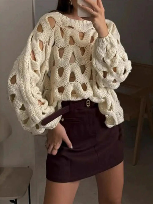 Chunky Cable Knit Hollow Out Sweater, cream open-knit with cutouts.