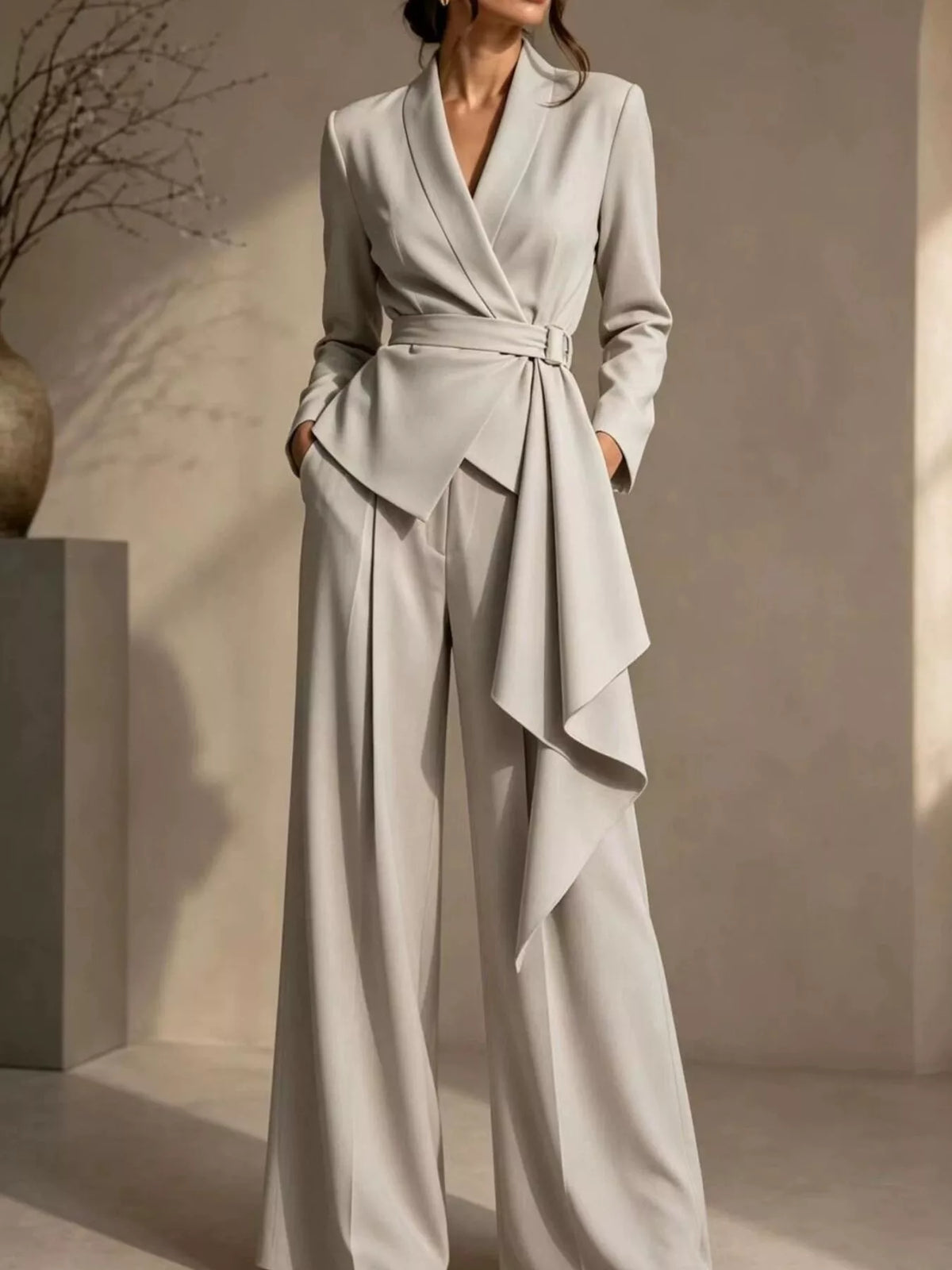 Belted Blazer and Wide-Leg Pants Set