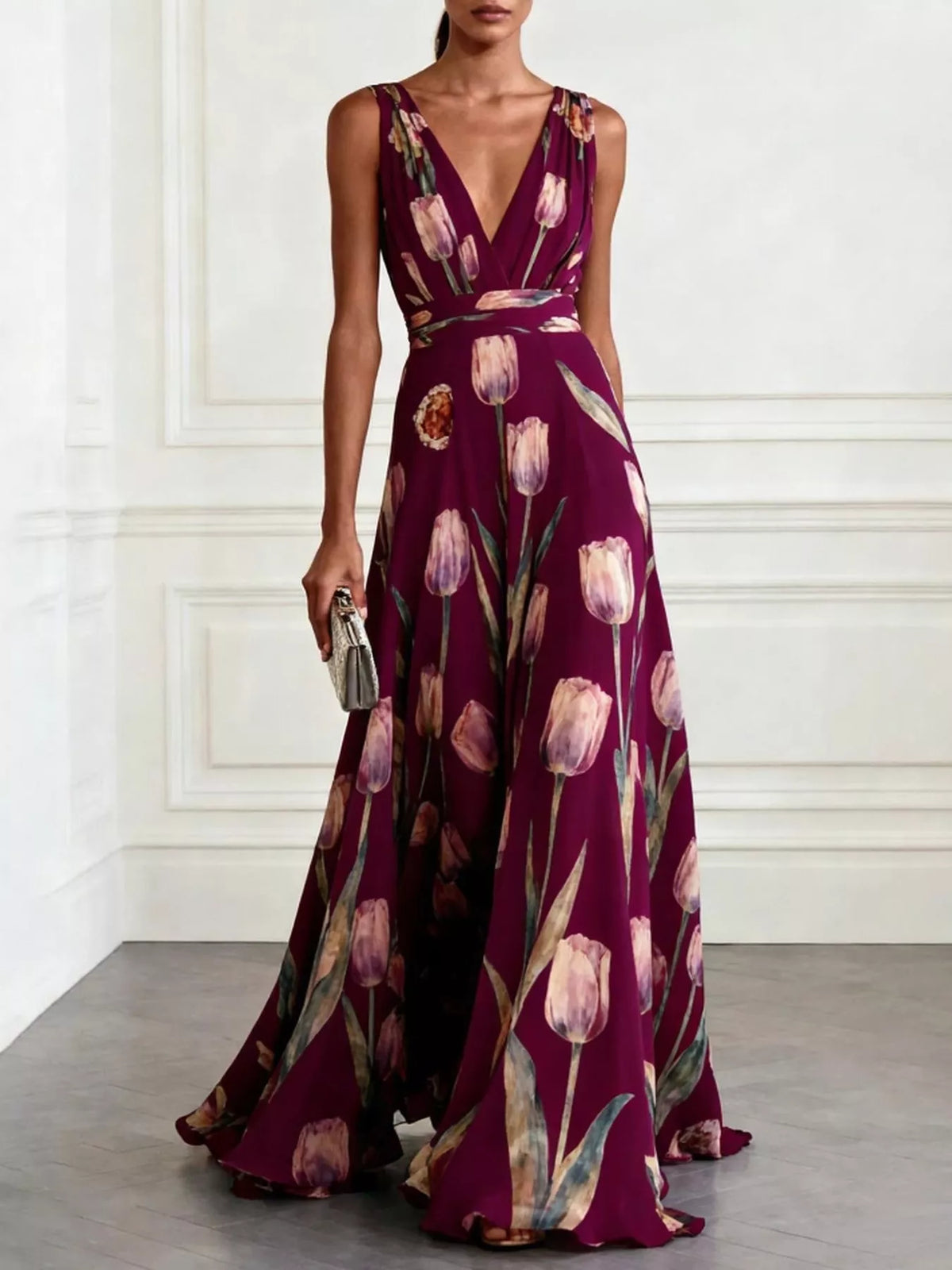 Sleeveless V-Neck Floral Maxi Dress in Burgundy by Belle Bijouix – view 11 of 37
