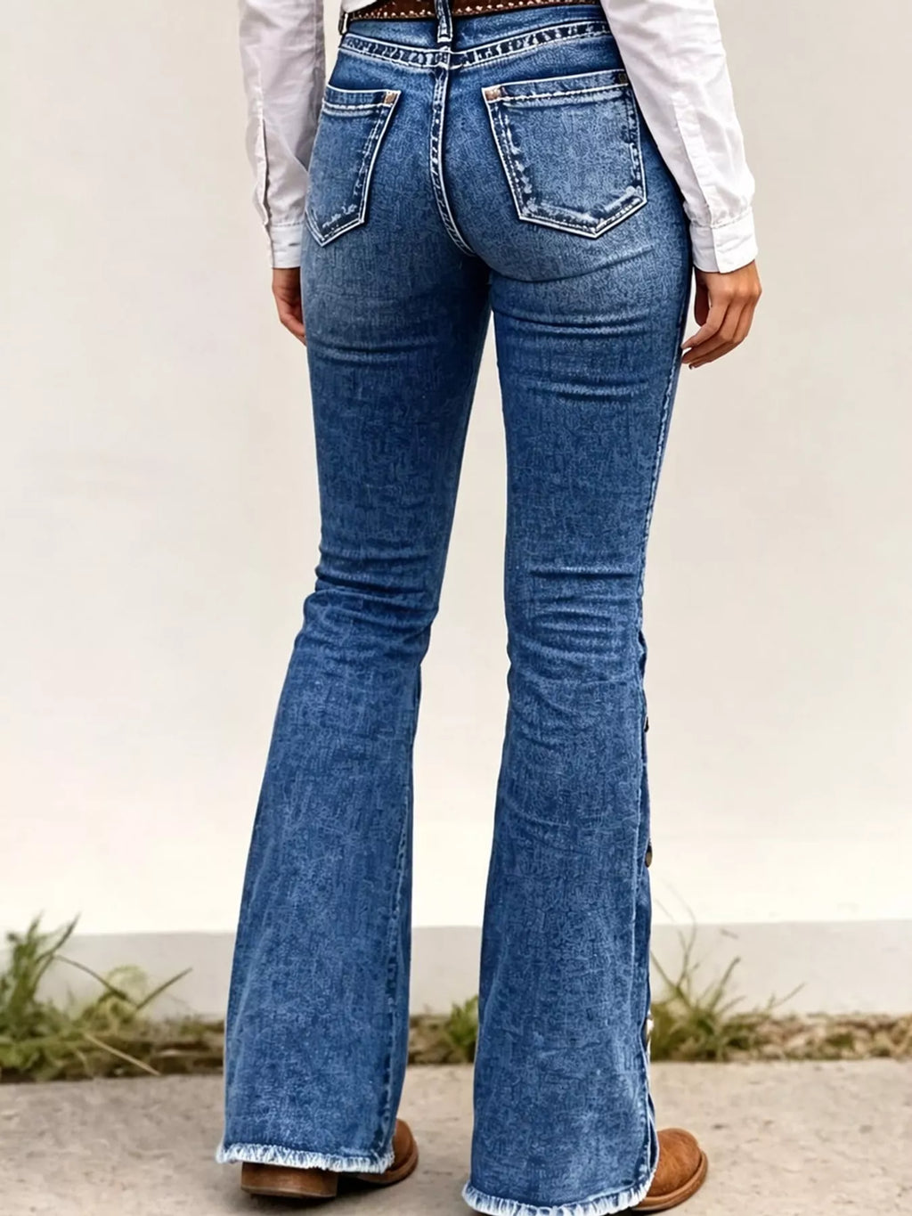 Western Button-Side Flare Jeans in Dark Blue by Belle Bijouix – back view