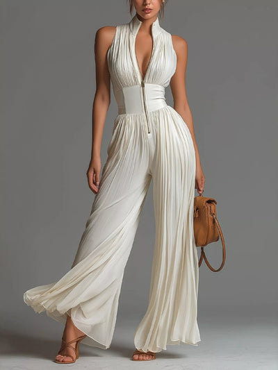 Sleeveless Pleated Jumpsuit with Front Zipper