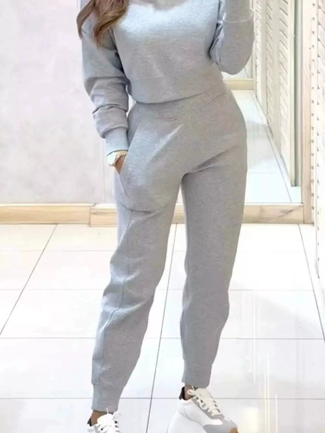 Casual Chic Cropped Sweatshirt and Jogger Set, grey, pocketed activewear