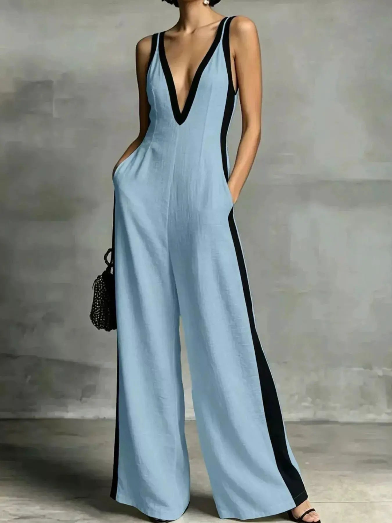 Jumpsuit Belle Bijouix: Deep V-Neck Wide-Leg with black contrast trim in light blue