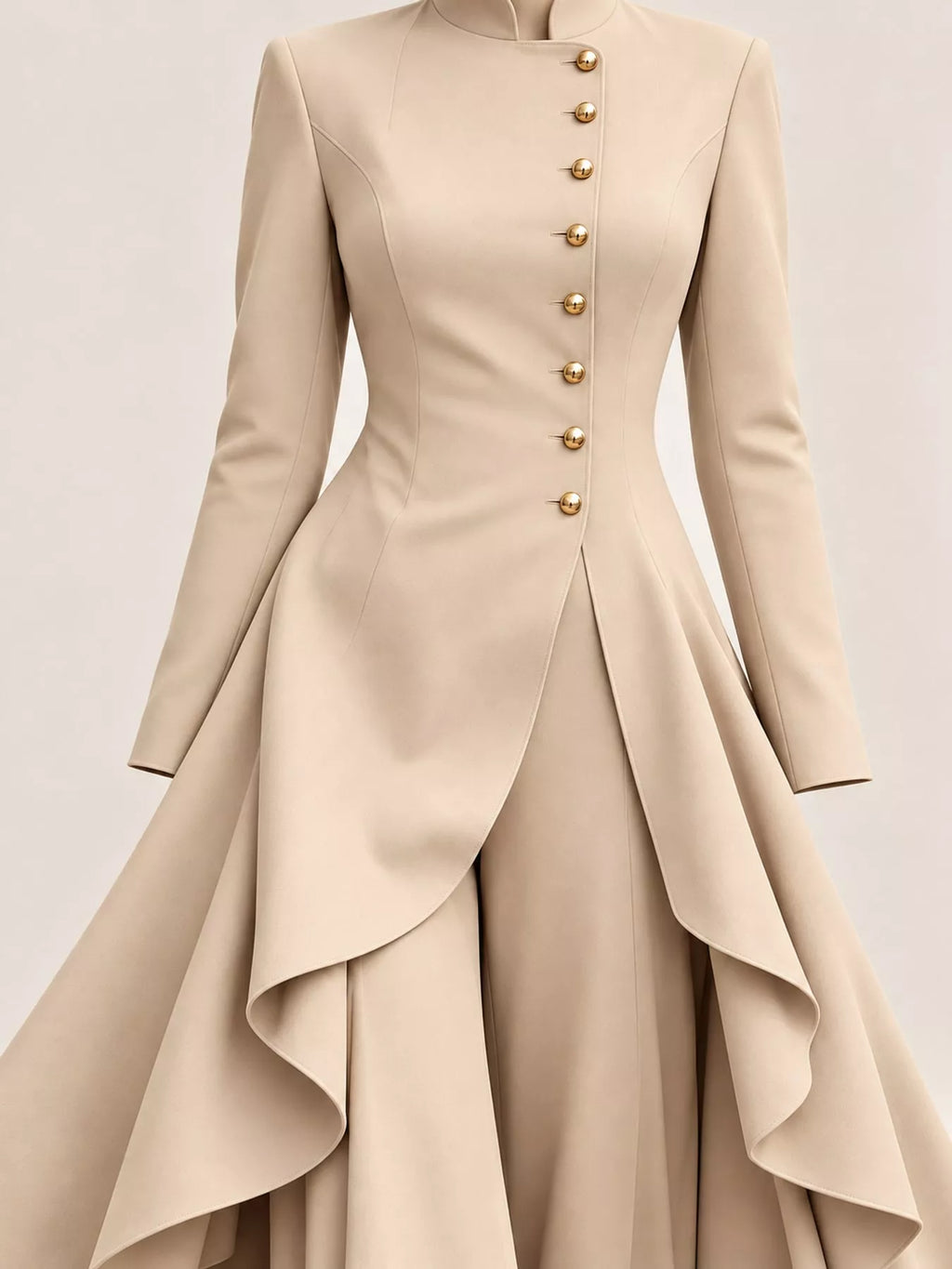 Ruffled High-Low Button Tunic & Wide-Leg Pants Set in Khaki by Belle Bijouix – view 57 of 82