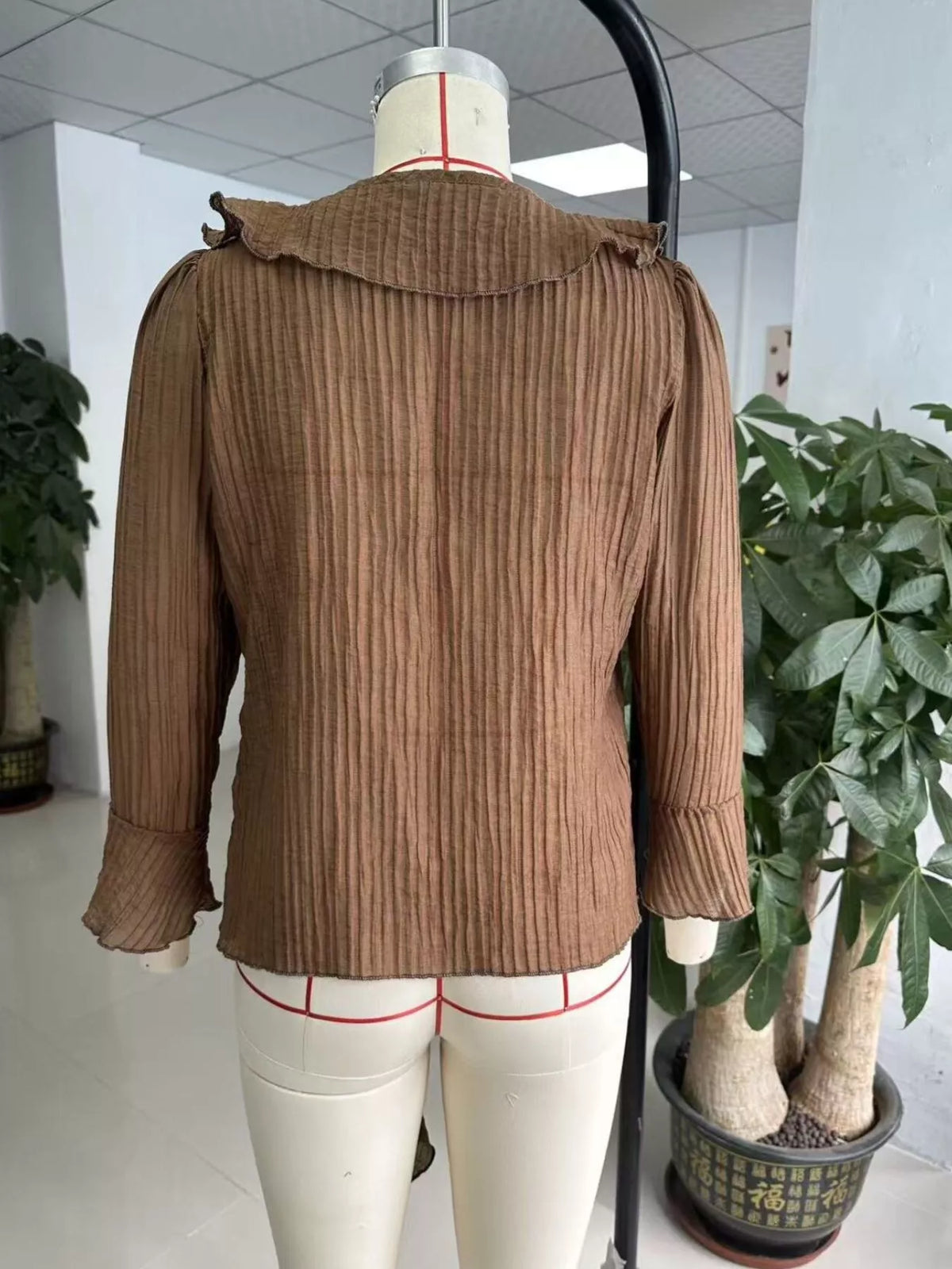Ruffled Tie Neck Long Sleeve Blouse