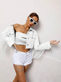 Fringed Cropped Denim Jacket by Trendsi in white denim; worn by model with a white top and shorts.