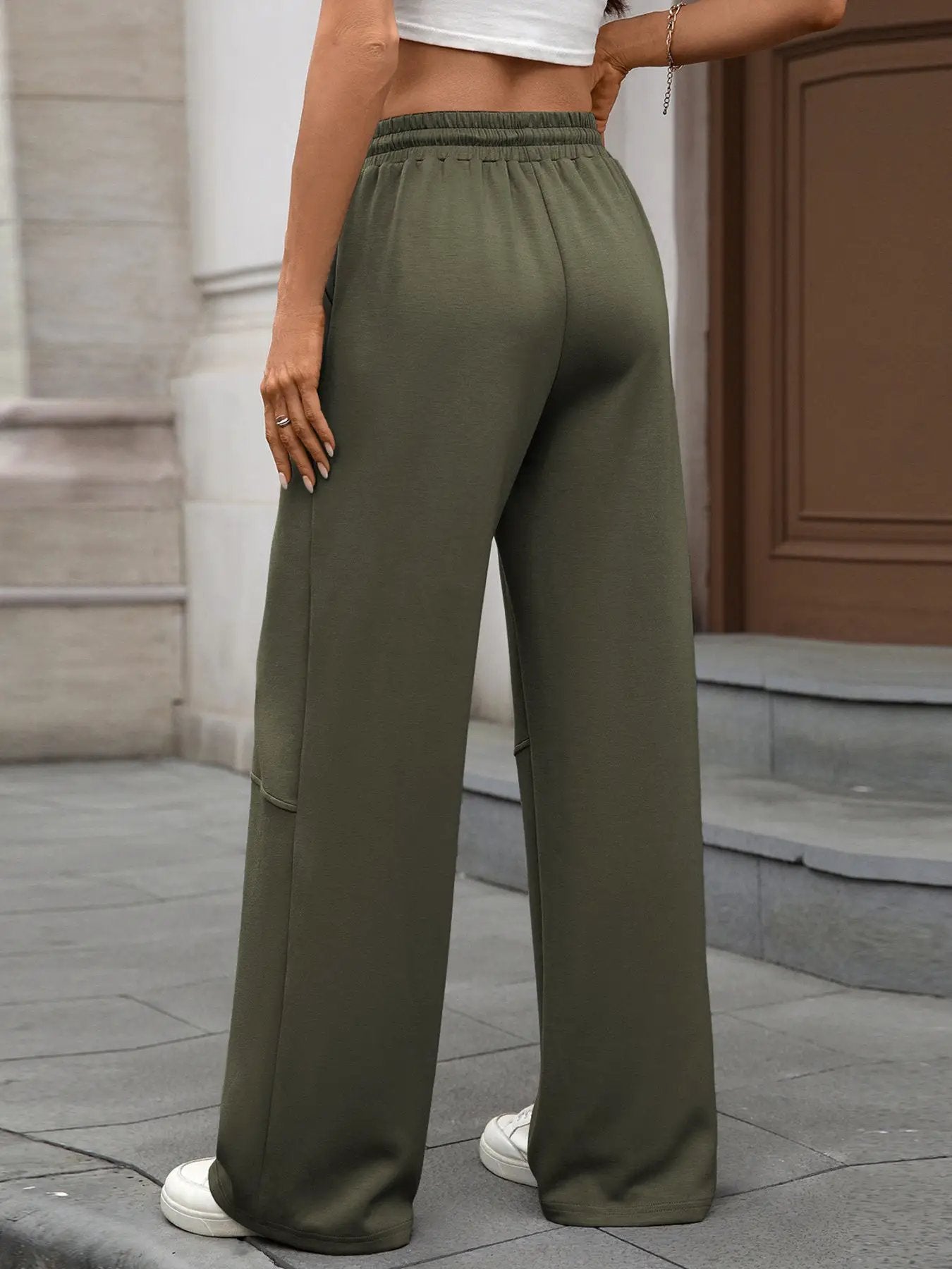 Drawstring high waist wide-leg casual pants in olive green by Trendsi