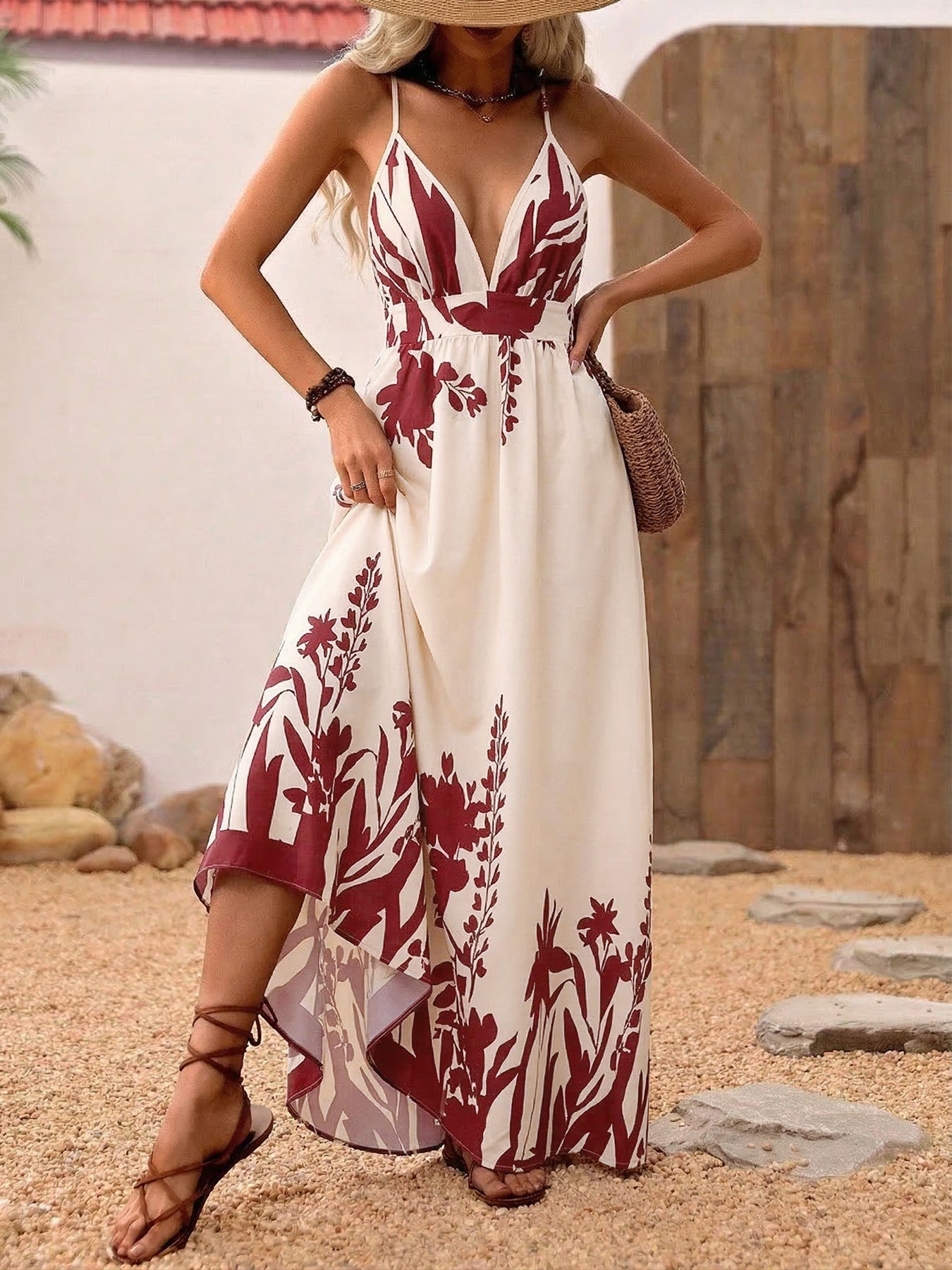 Deep V-Neck Spaghetti Strap Maxi Dress in cream with burgundy floral print