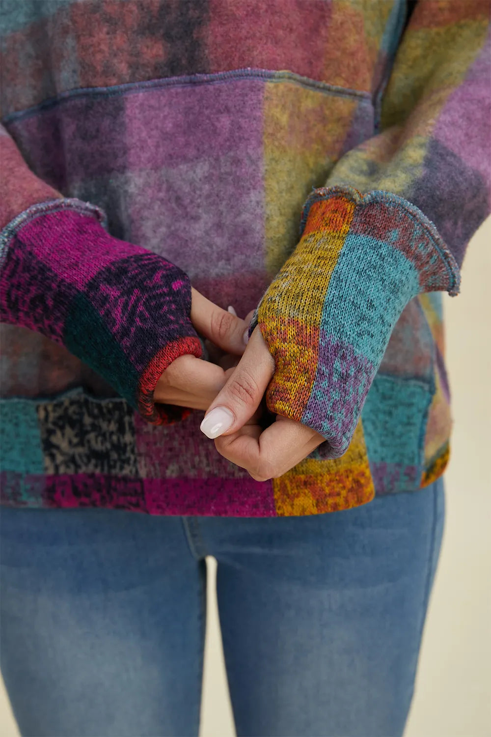 Double Take Full Size Plaid Dropped Shoulder Fleece Hoodie, multicolor patchwork