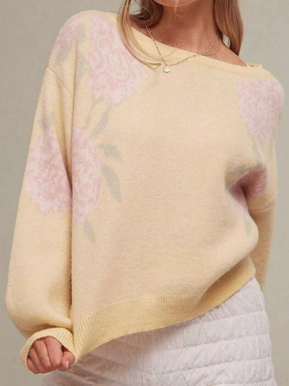 Floral Dropped Shoulder Knit Sweater in Yellow by Belle Bijouix – view 15 of 16