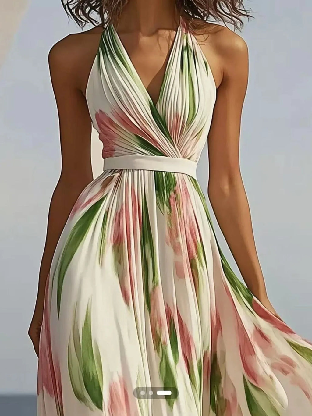 Floral print halter neck maxi dress with tie waist and smocked bodice; white base with pink and green blooms.