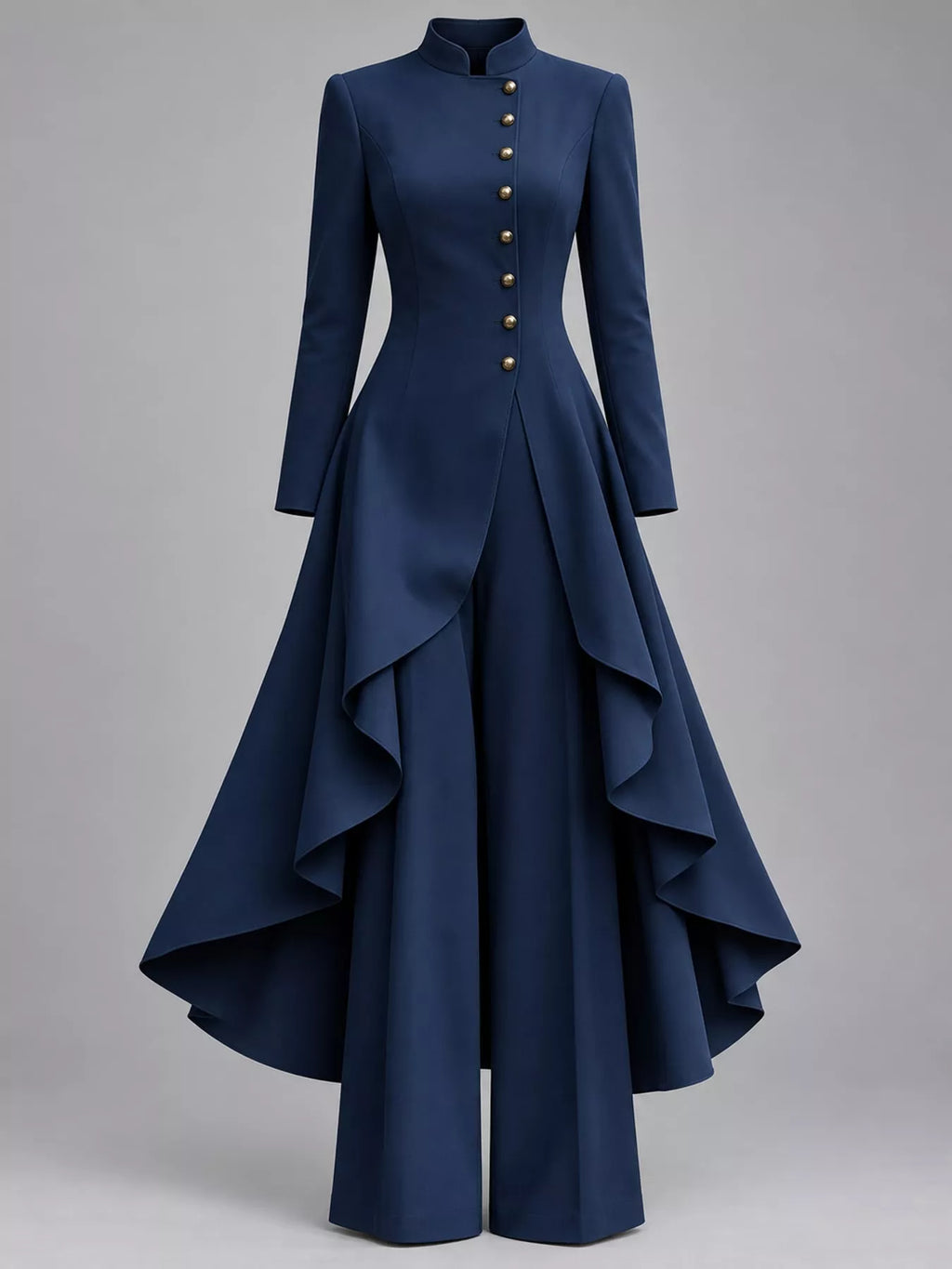 Ruffled High-Low Button Tunic & Wide-Leg Pants Set in Navy by Belle Bijouix – view 38 of 82