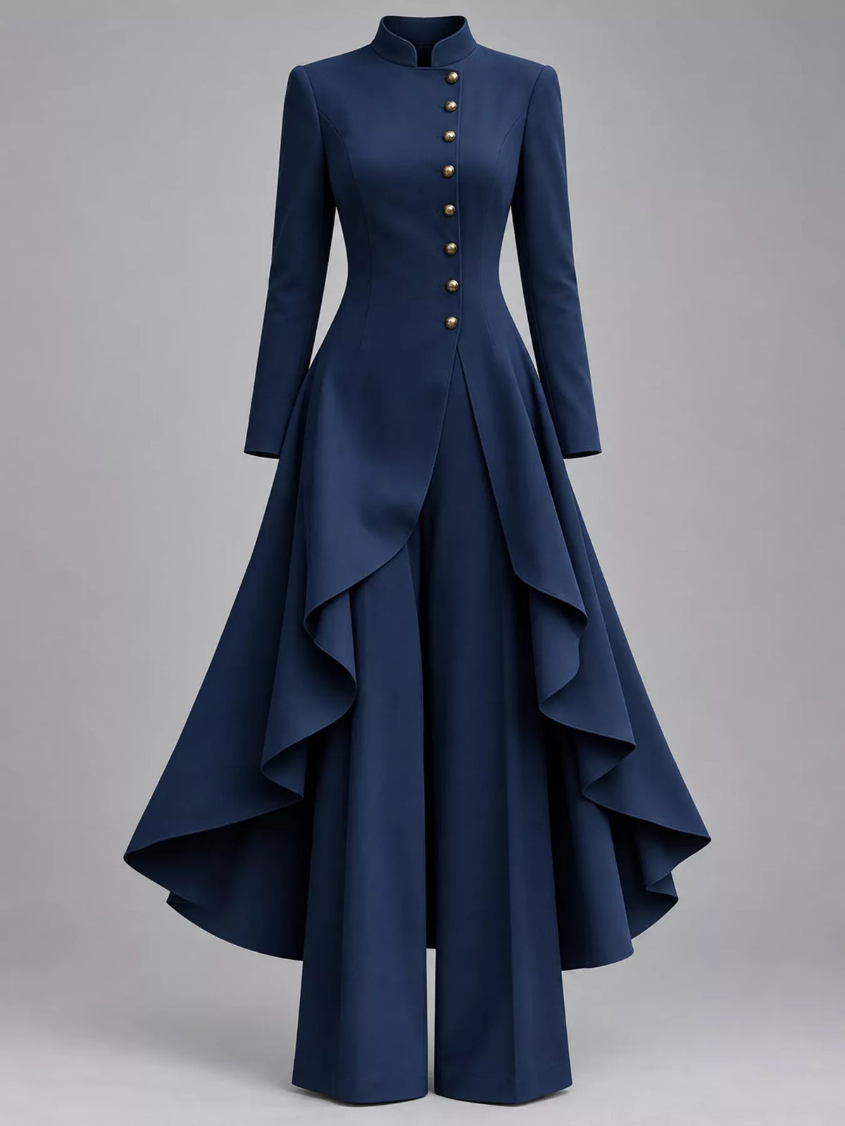 Ruffled High-Low Button Tunic & Wide-Leg Pants Set in Navy by Belle Bijouix – view 38 of 82
