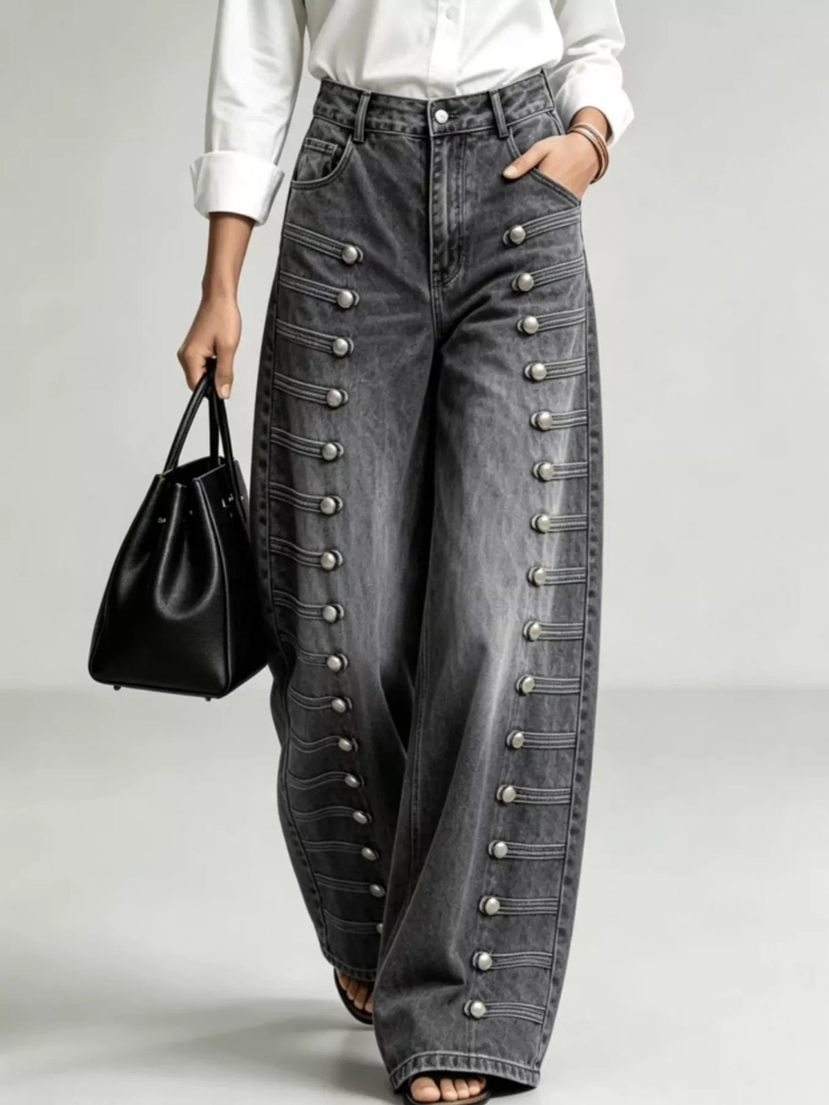 High-Waist Button Detail Wide-Leg Jeans in Black by Belle Bijouix – front view