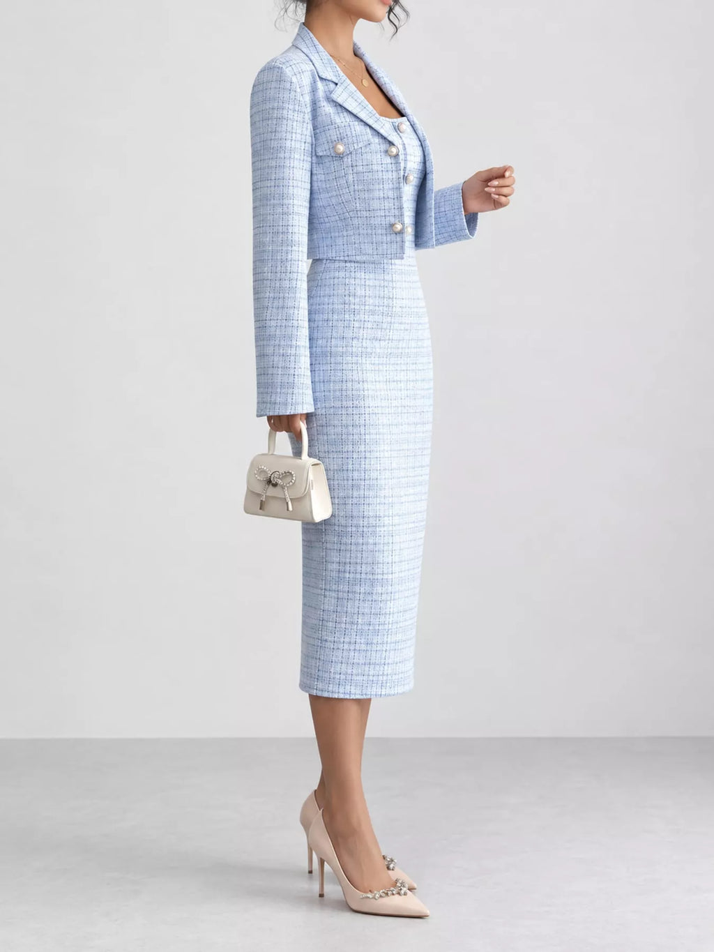 Tweed Square Neck Dress and Cardigan Set by Belle Bijouix – view 10 of 14