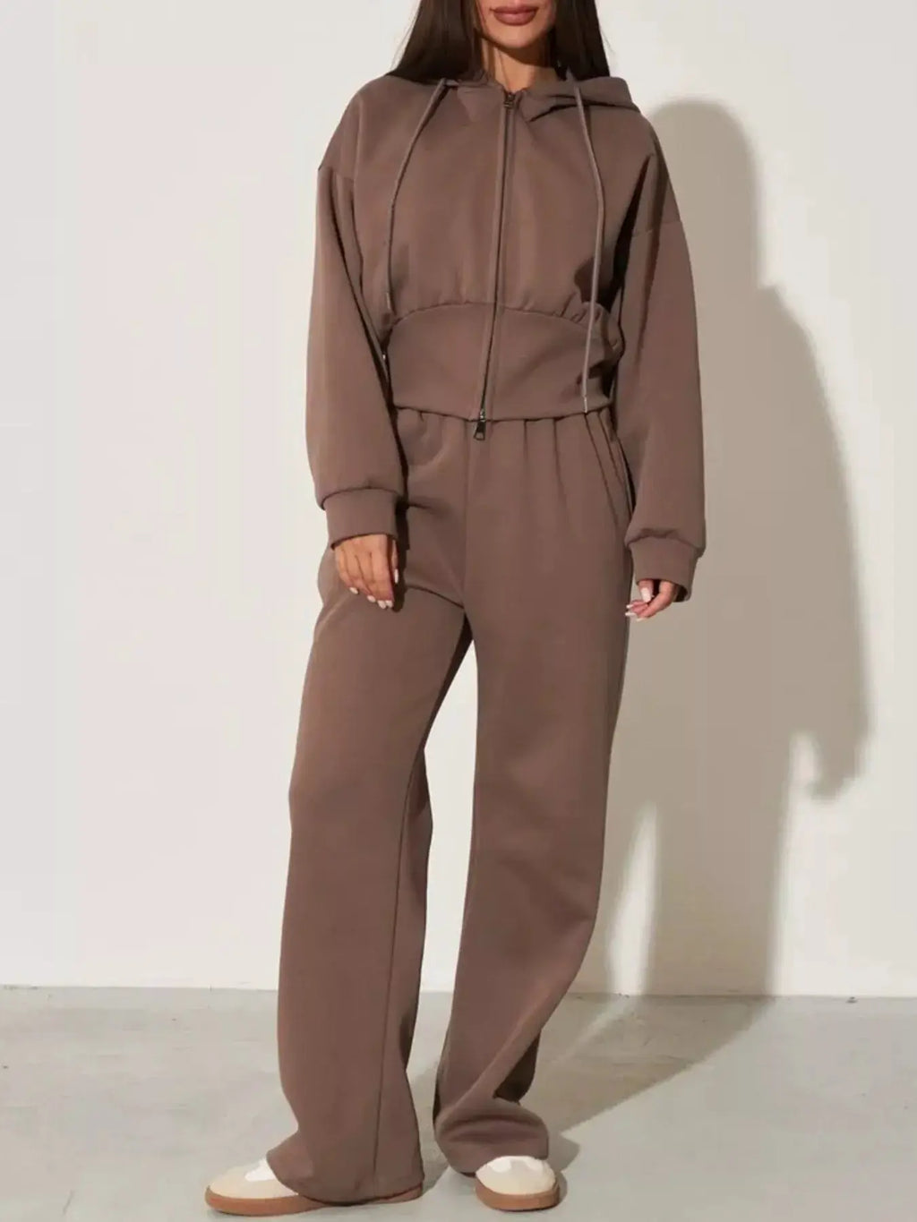 Zip-Up Hoodie and Wide-Leg Pants Set by Belle Bijouix in taupe brown, women's loungewear two-piece