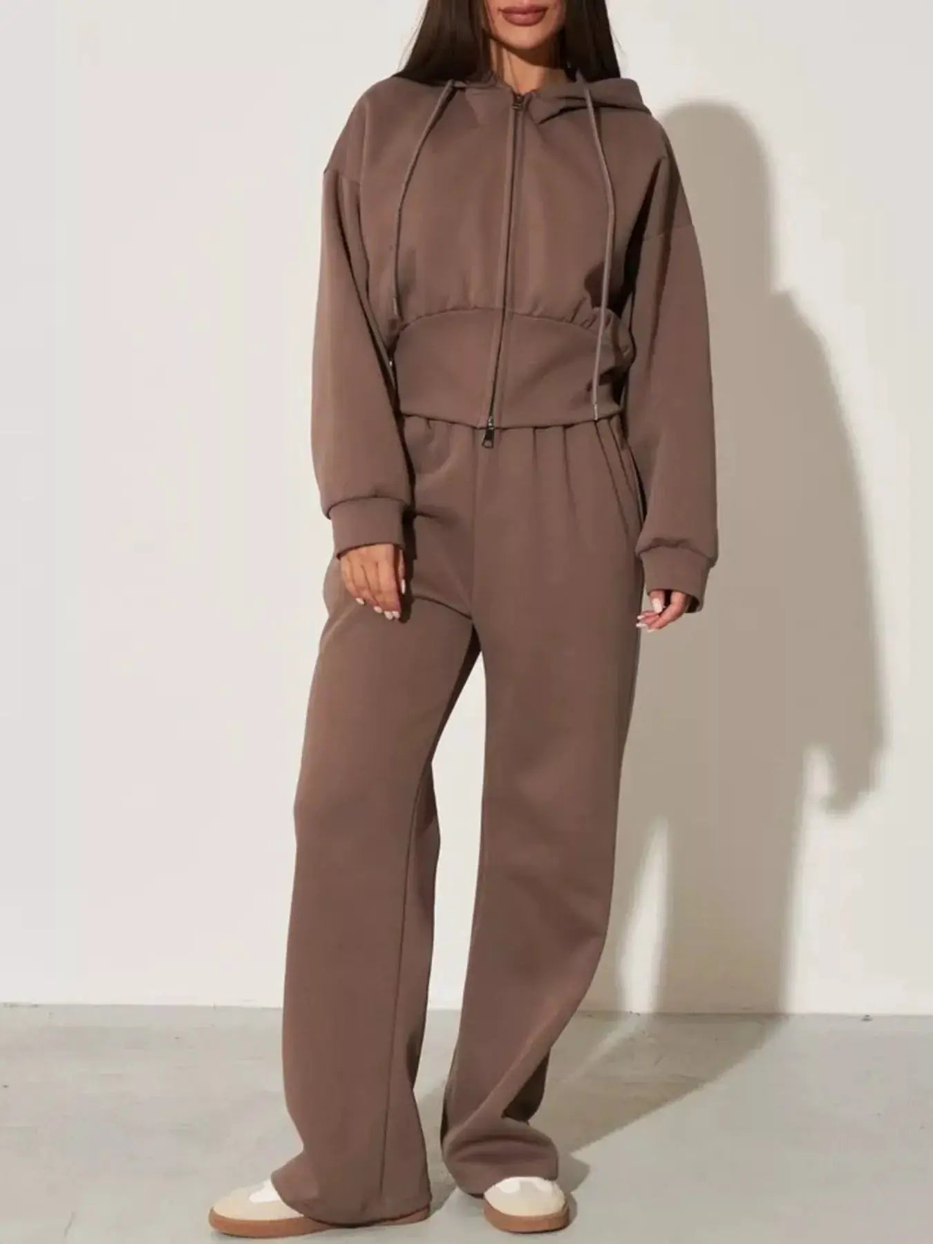 Zip-Up Hoodie and Wide-Leg Pants Set by Belle Bijouix in taupe brown, women's loungewear two-piece