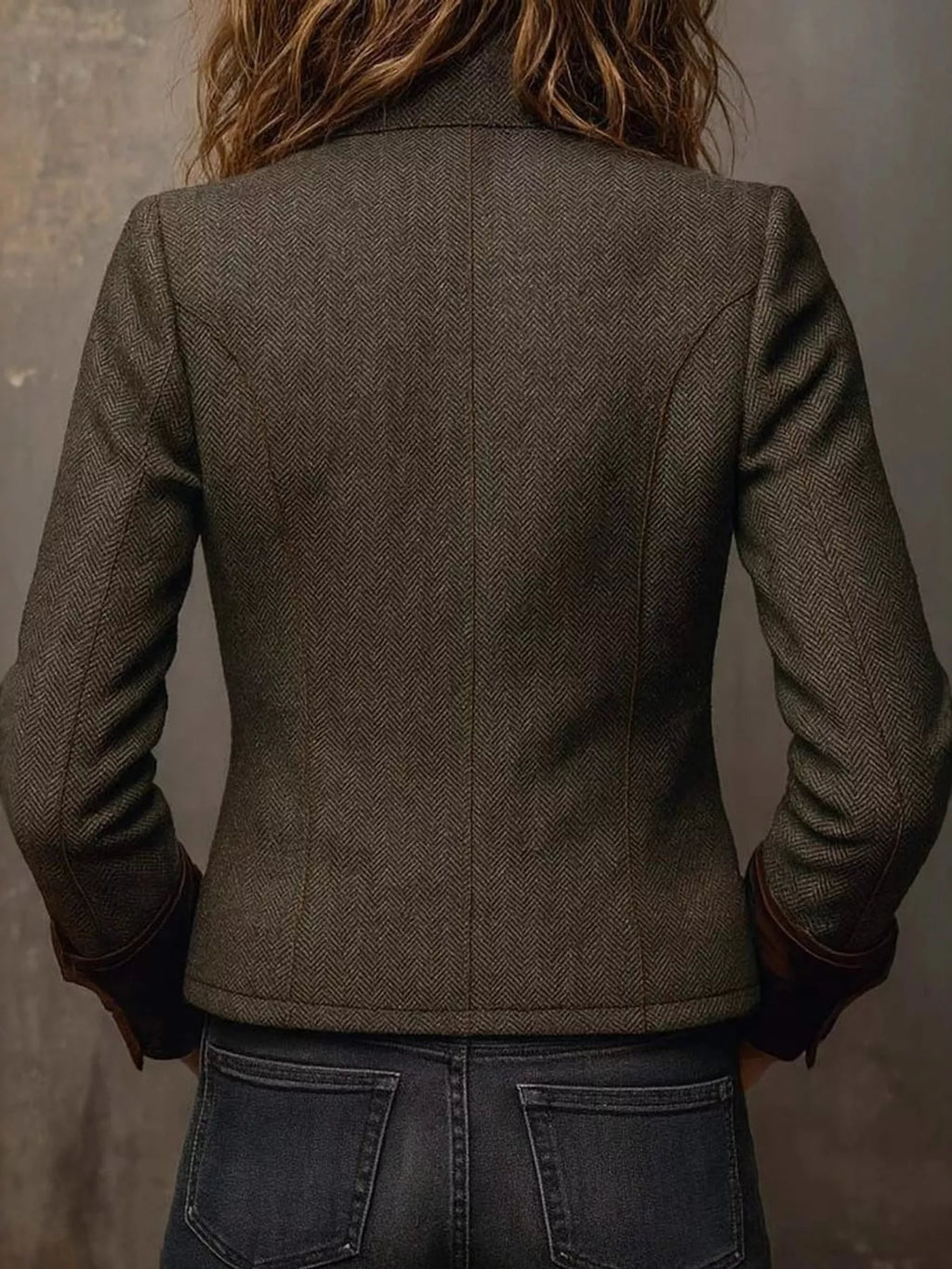 Herringbone Tweed Blazer with Velvet Cuffs in Army Green by Belle Bijouix – view 6 of 10