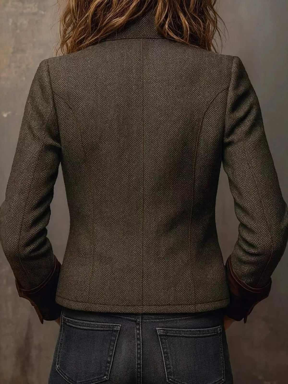Herringbone Tweed Blazer with Velvet Cuffs in Army Green by Belle Bijouix – view 6 of 10
