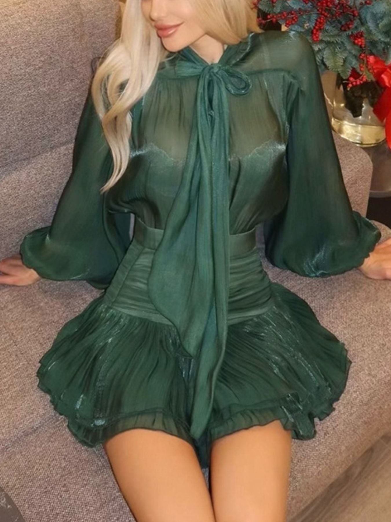 Bow-Tie Blouse and Ruched Mini Skirt Set in emerald green; sheer satin with neck bow and puff sleeves.