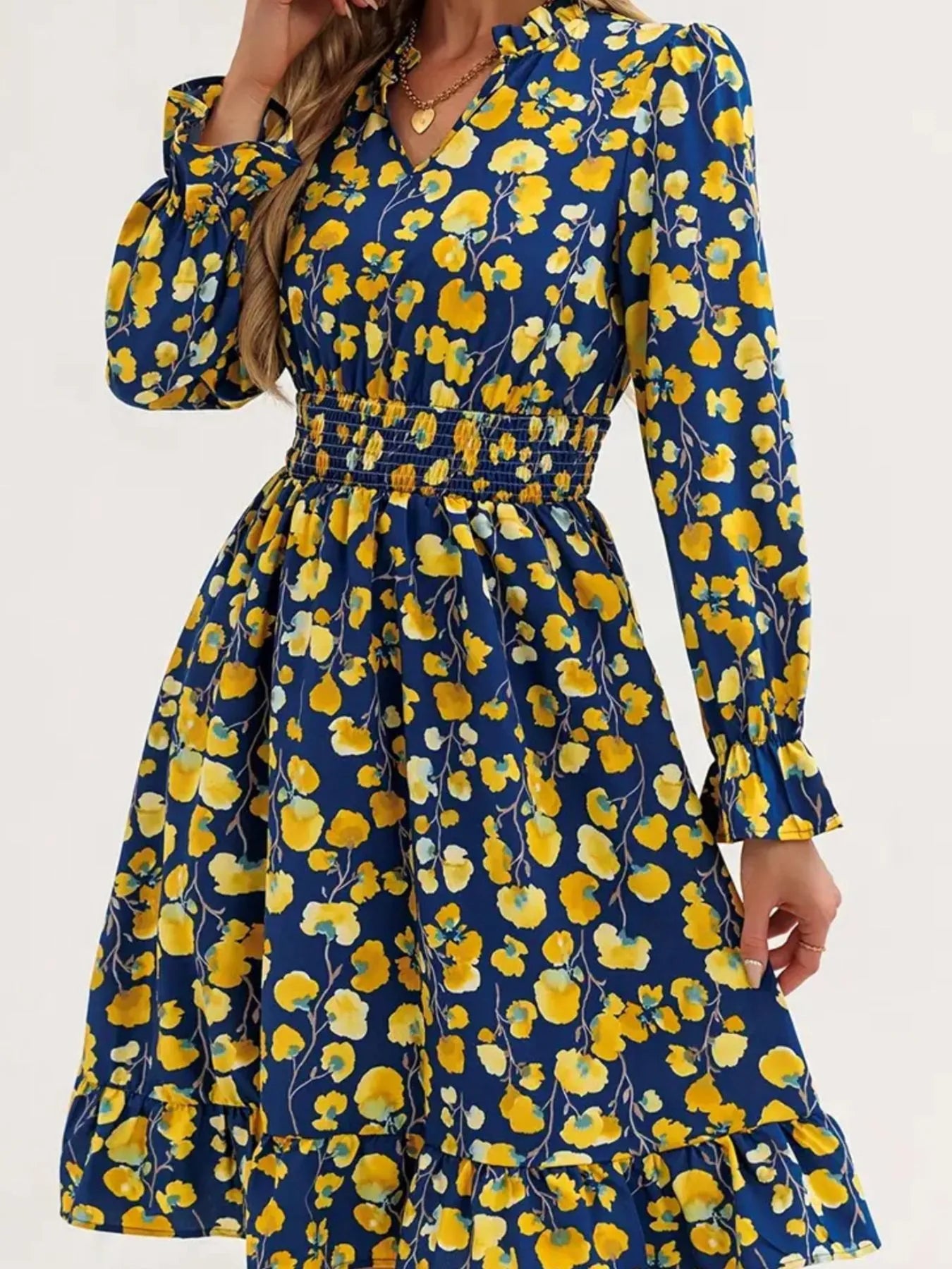 Floral Print Flounce Sleeve Ruffle Hem Dress in navy with yellow blossoms, smocked waist