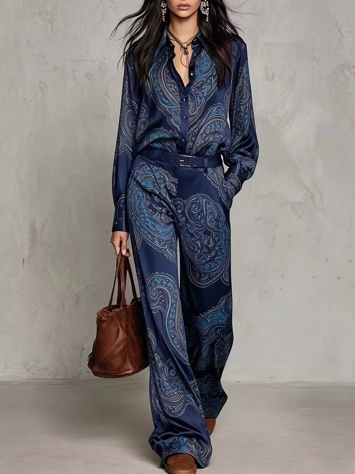 Front view of dark blue paisley shirt and wide-leg pants set