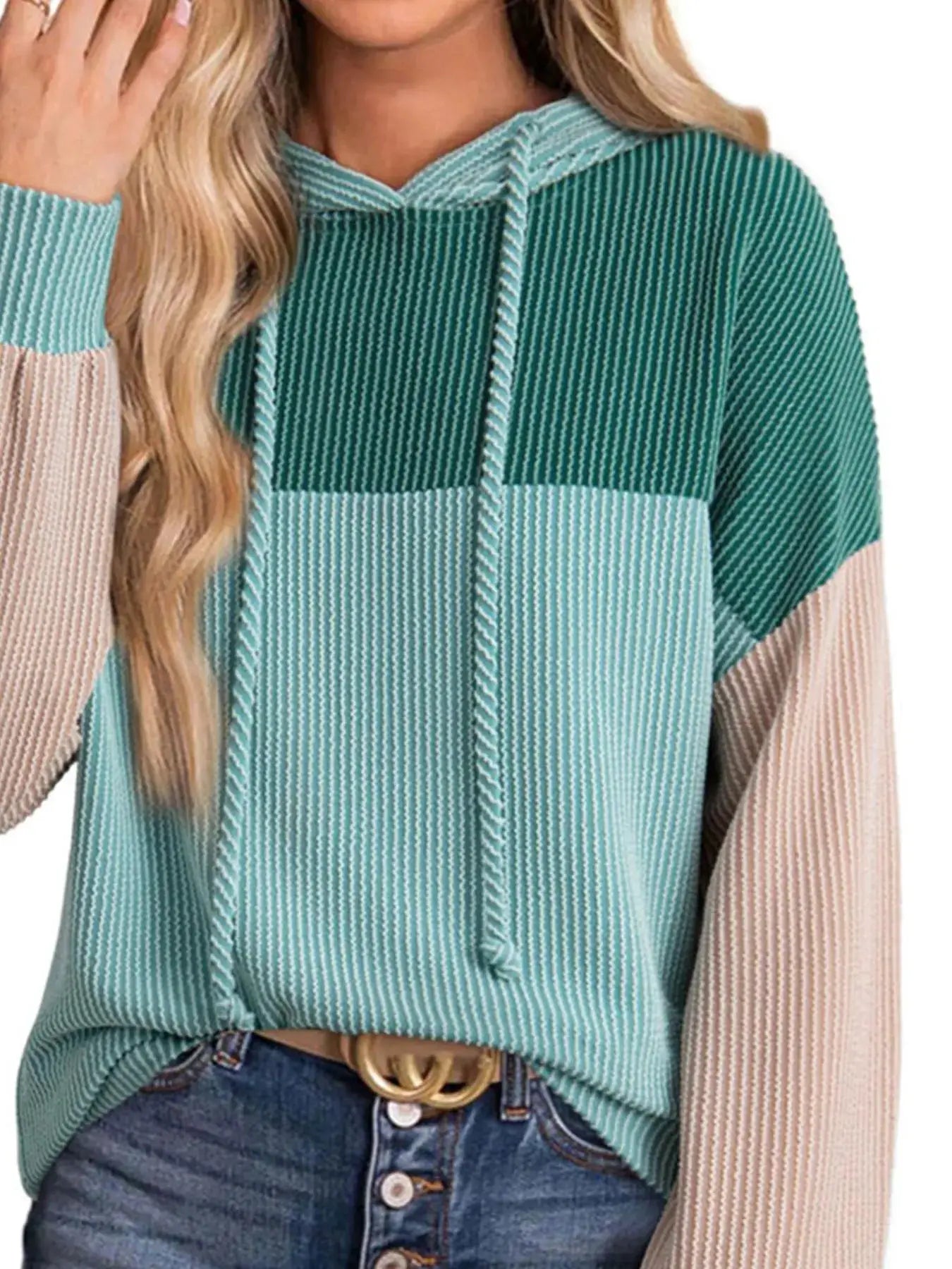 Drawstring color-block long sleeve hoodie in teal, mint and beige ribbed knit by Belle Bijouix
