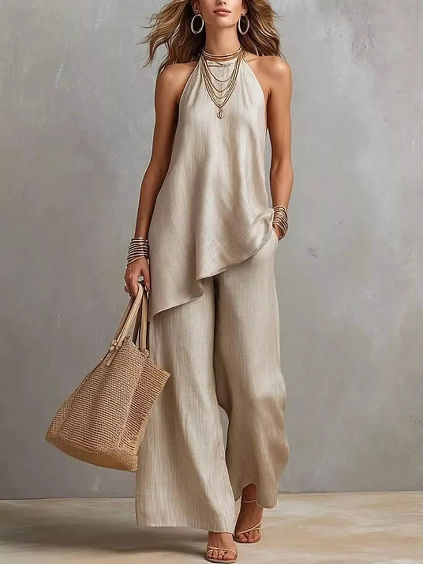 Outfit set: Full Size Asymmetrical Hem Cami and Wide-Leg Pants in beige linen (Plus Size)