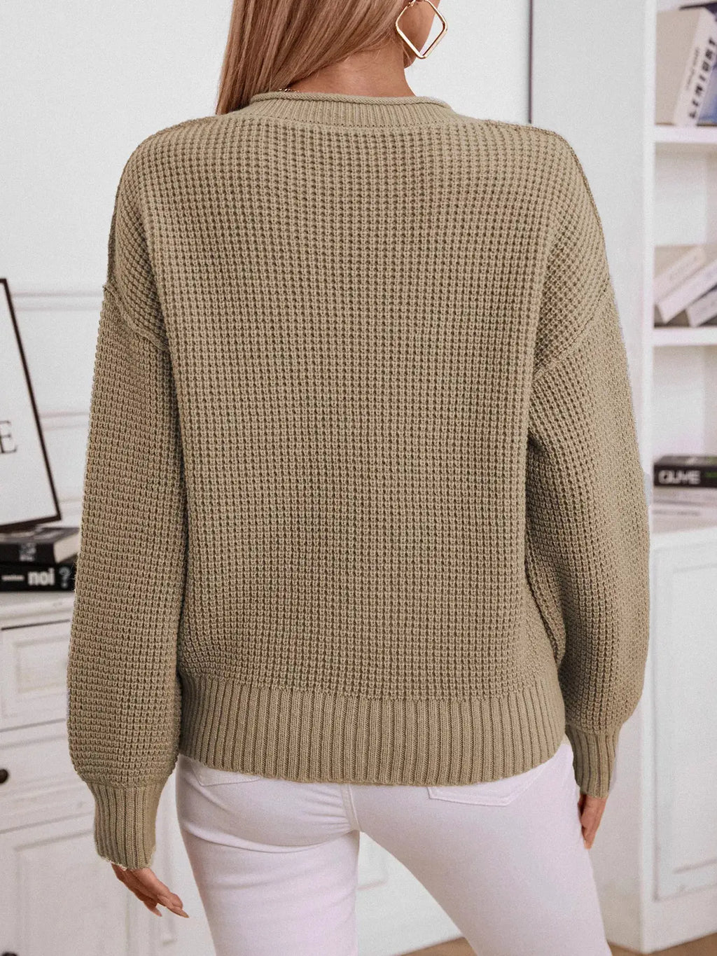 Button Detail Long Sleeve Sweater in beige knit with ribbed cuffs and hem