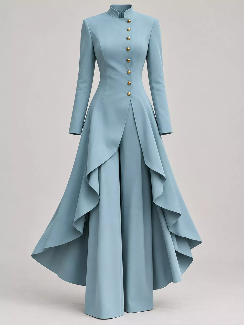Ruffled High-Low Button Tunic & Wide-Leg Pants Set in Peacock Green by Belle Bijouix – view 46 of 82