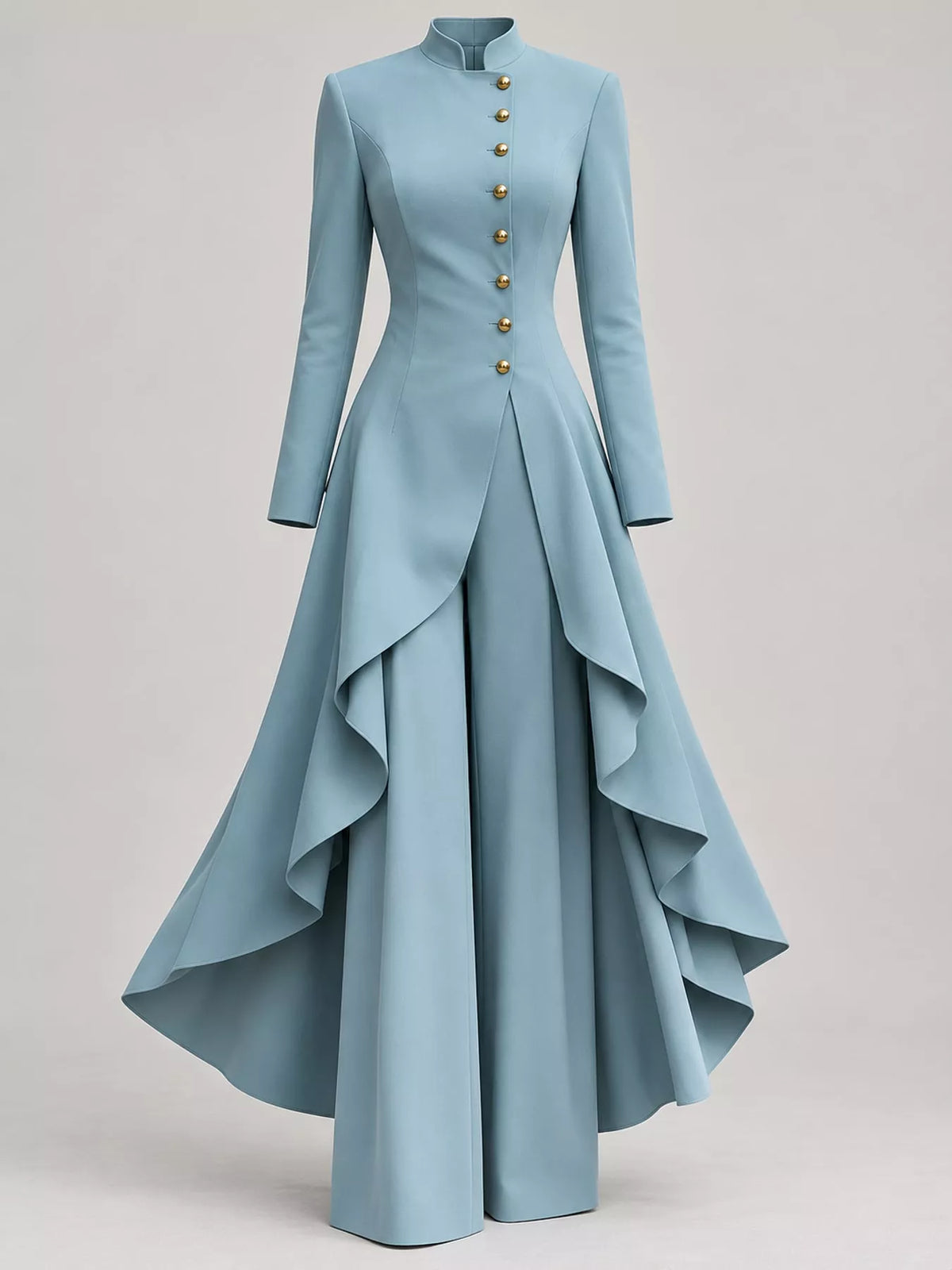 Ruffled High-Low Button Tunic & Wide-Leg Pants Set in Peacock Green by Belle Bijouix – view 46 of 82