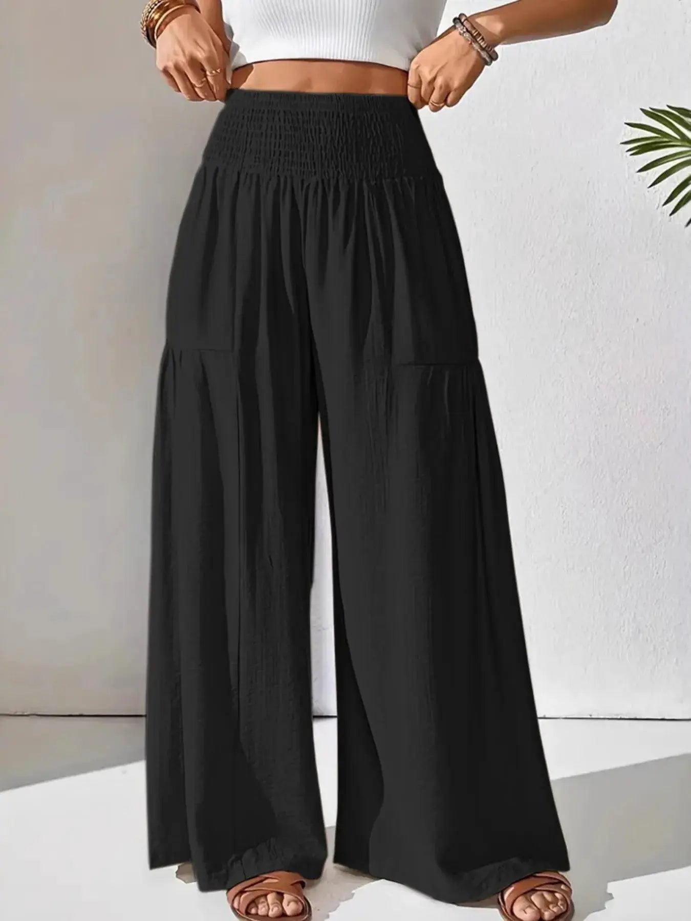 Smocked-Waist Wide-Leg Pants, black with pockets