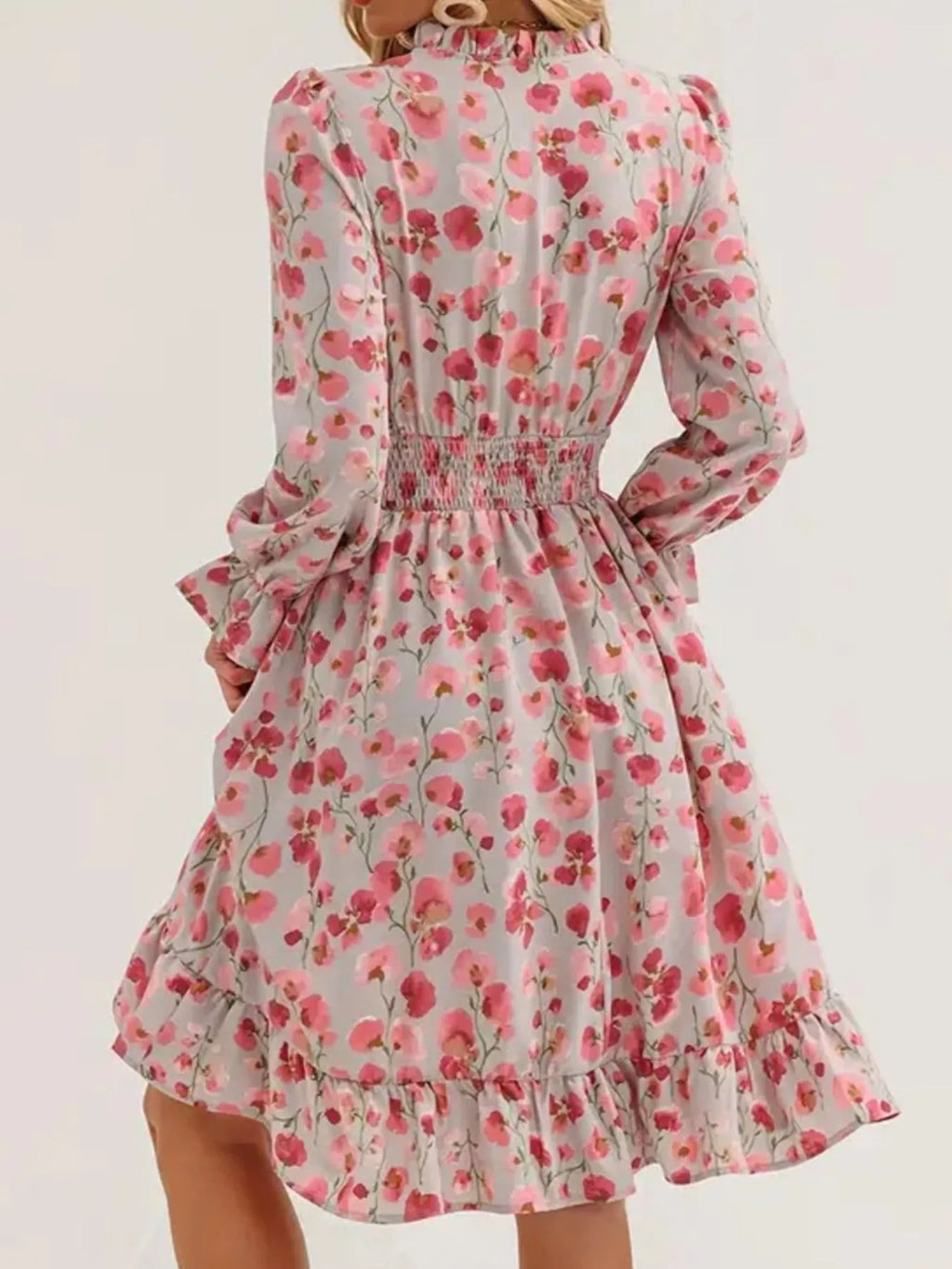 Floral Print Flounce Sleeve Ruffle Hem Dress, pastel gray with pink flowers, smocked waist