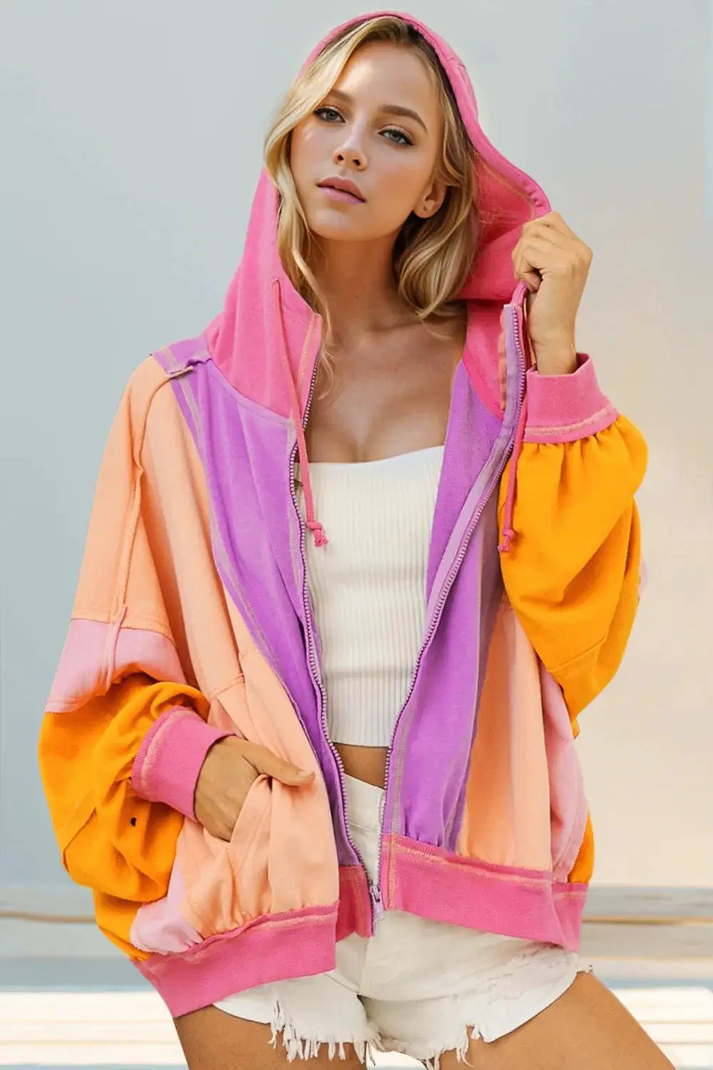 Double Take Full Size Color Block Zip Up Hoodie; pastel pink, purple, peach color-blocked top with pockets