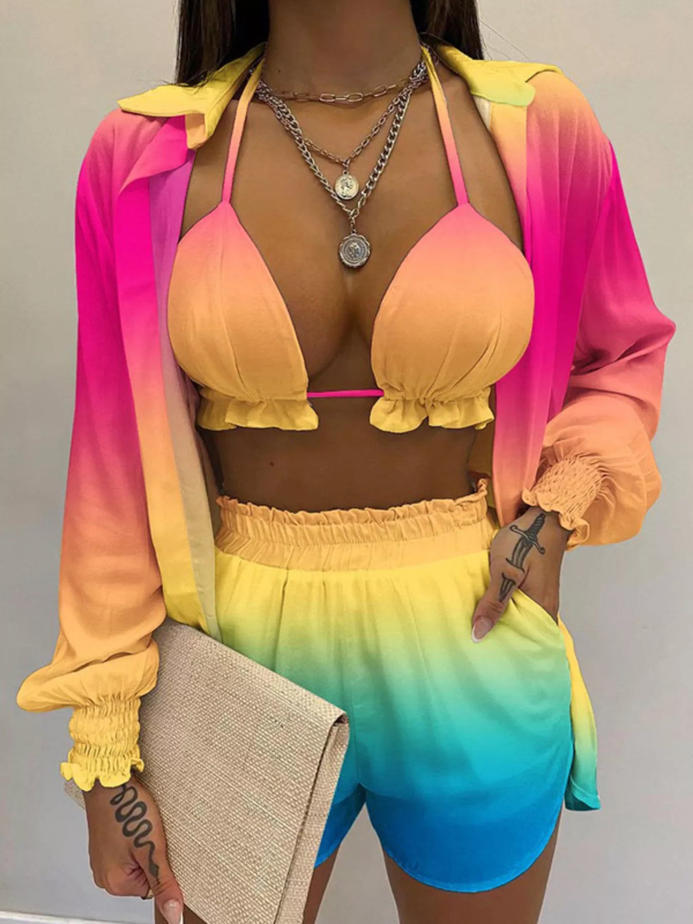 Three-piece plus-size rainbow gradient halter-neck cami, matching shirt and shorts outfit set