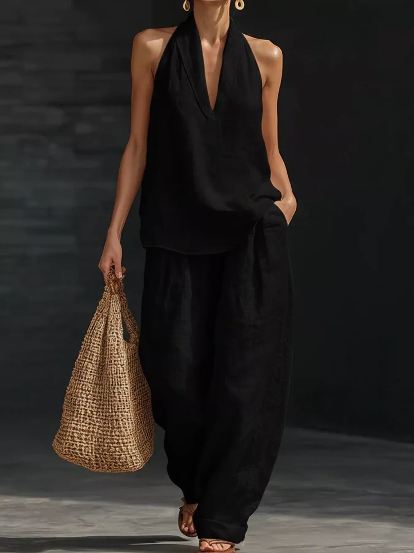 Trendsi full-size halter-neck top and wide-leg pants set, plus size, black; model carries a woven tote.
