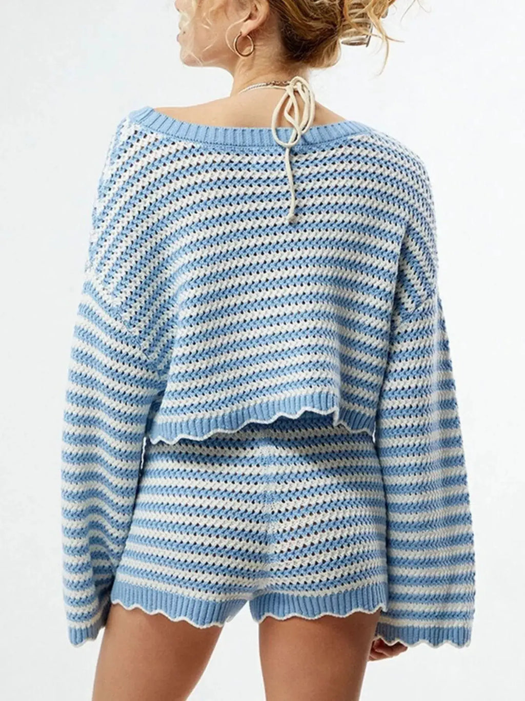 Scalloped Edges Striped Top and Shorts Set by Trendsi; blue and white crochet knit with scalloped hems and back-tie.