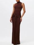 Sleeveless mock-neck knot-front maxi dress in chocolate brown by Belle Bijouix