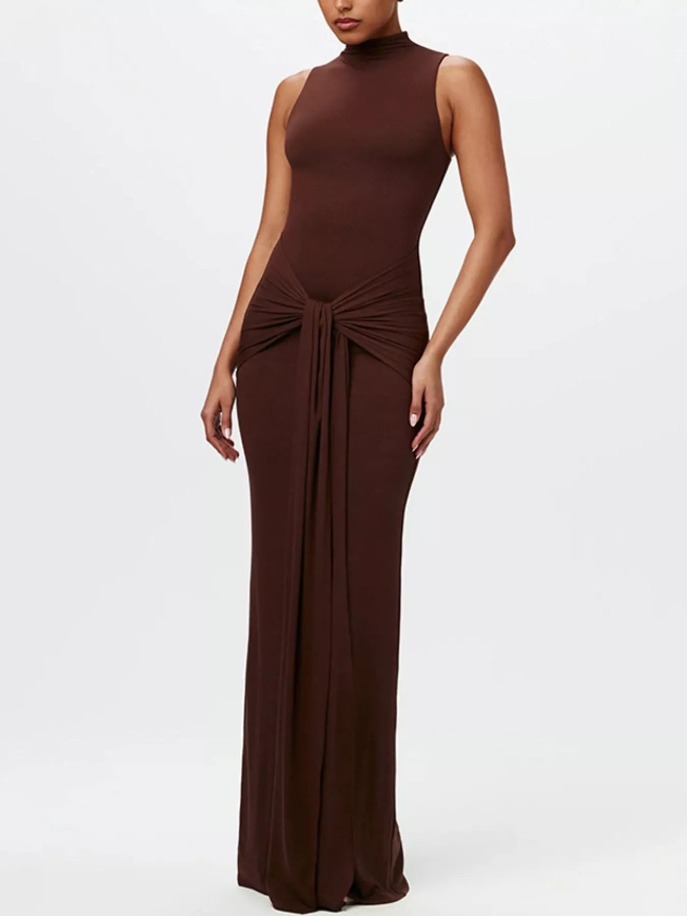 Sleeveless mock-neck knot-front maxi dress in chocolate brown by Belle Bijouix